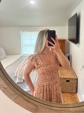 Max Studio Floral Smocked Square-Neck Sundress in Peach